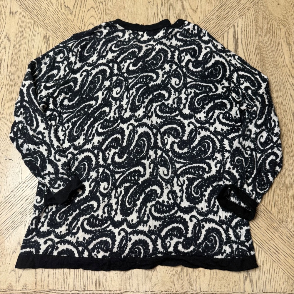 Talbots XL Black White Paisley Print Merino Wool Button FrontCardigan Sweater - Picture 2 of 9